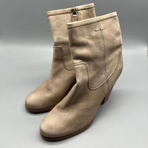 Frye Leather Ankle Boots Womens Size 8‎ Bone Beige Block Heel Side Zip EUC